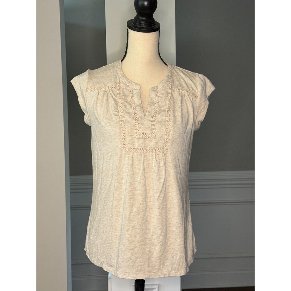 Daniel Rainn Knit Top w/Short Cap Sleeves and Lace Trim Tan Sz S